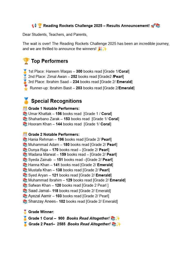 Reading Rockets Challenge 2025 - Grade 1-2 - Results Announcement | PDF