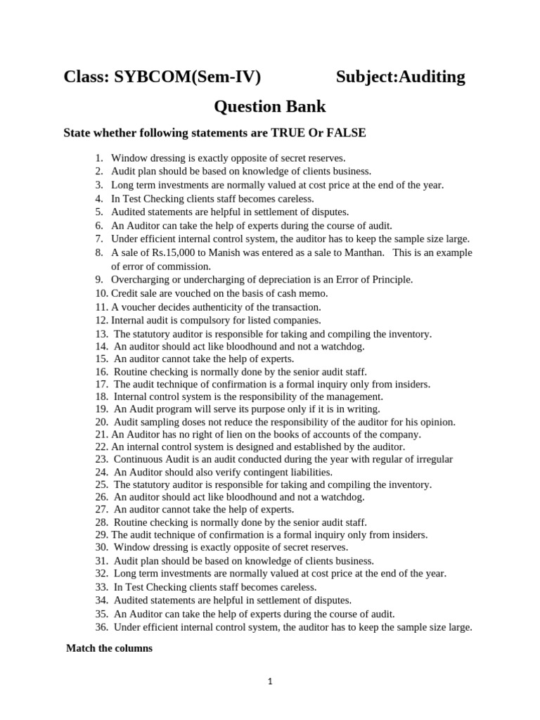 Auditing True/False Question Bank | PDF | Audit | Internal Control