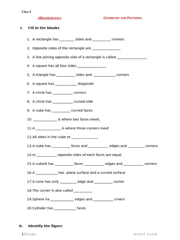 Class 3 Geometry and Patterns Worksheet | PDF | Rectangle | Euclidean ...