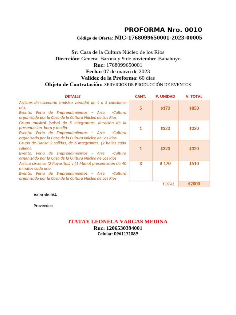 Proforma Servicios de Eventos Culturales | PDF