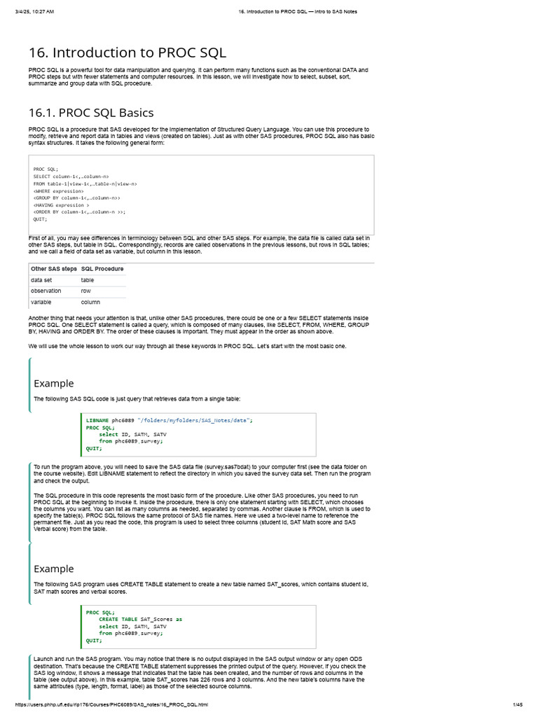 Introduction To PROC SQL - Intro To SAS Notes | PDF | Sas (Software) | Sql