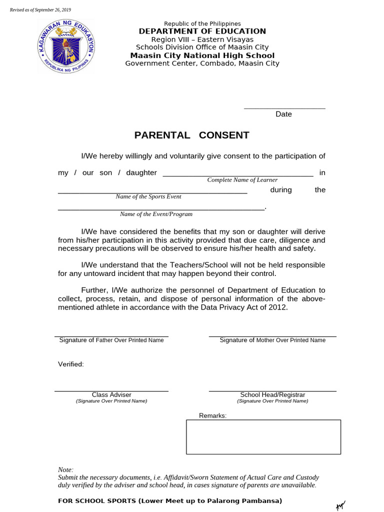 Parental Consent for School Sports Events | PDF