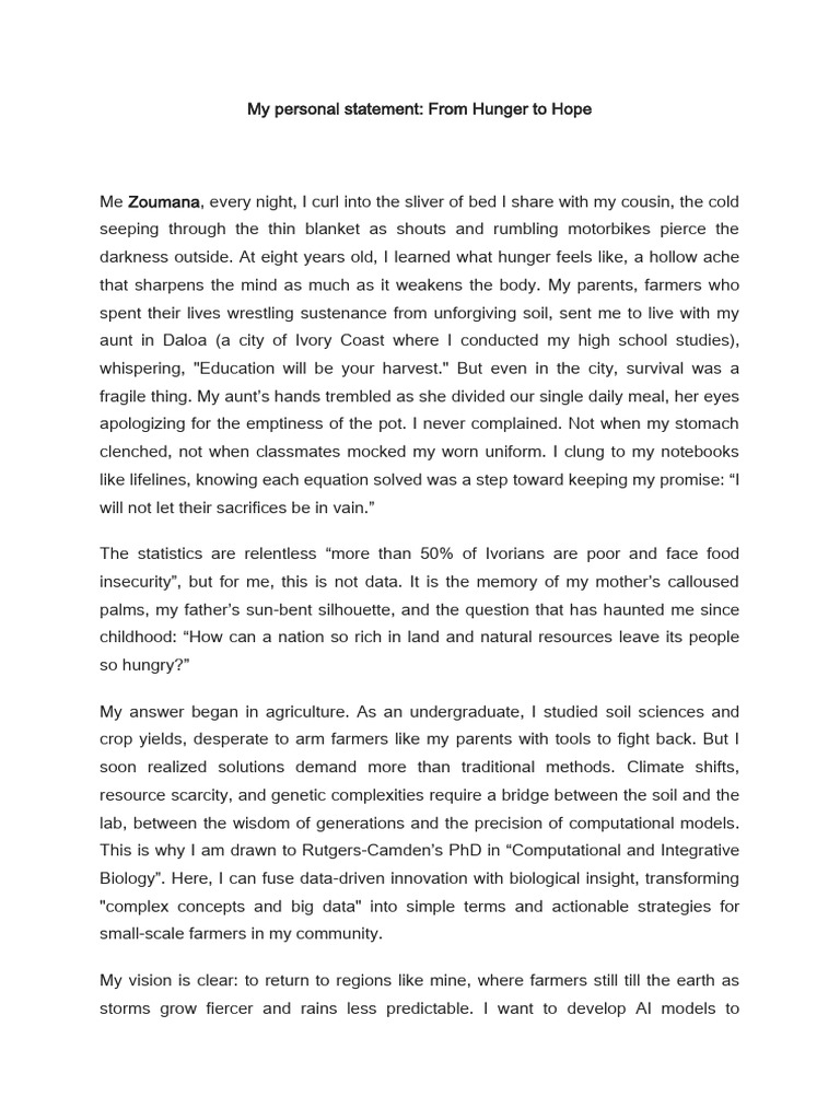 My Personal Statement - Zoumana | PDF | Agriculture