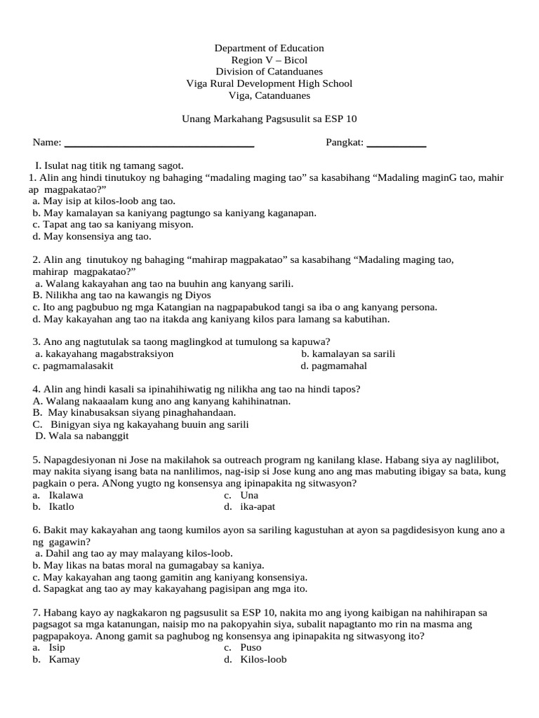 Esp 1st Quarter Exam | PDF