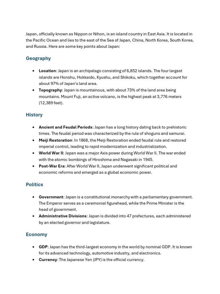 Overview of Japan: Geography, History, Culture | PDF | Japan