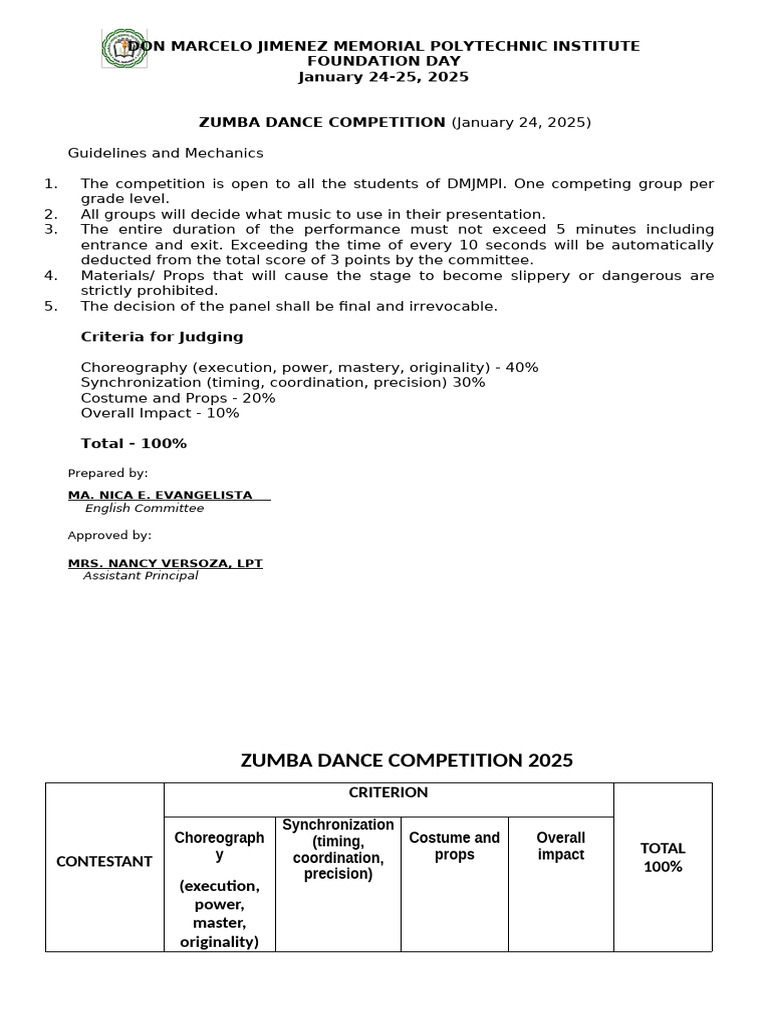 Zumba Competition Guidelines 2025 | PDF | Dances | Performing Arts