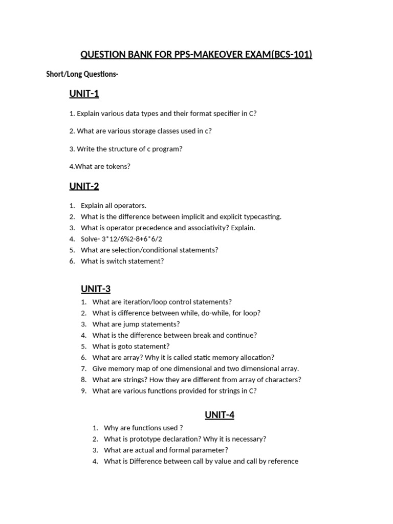 C Programming Exam Question Bank | PDF | Computer Science | Algorithms ...