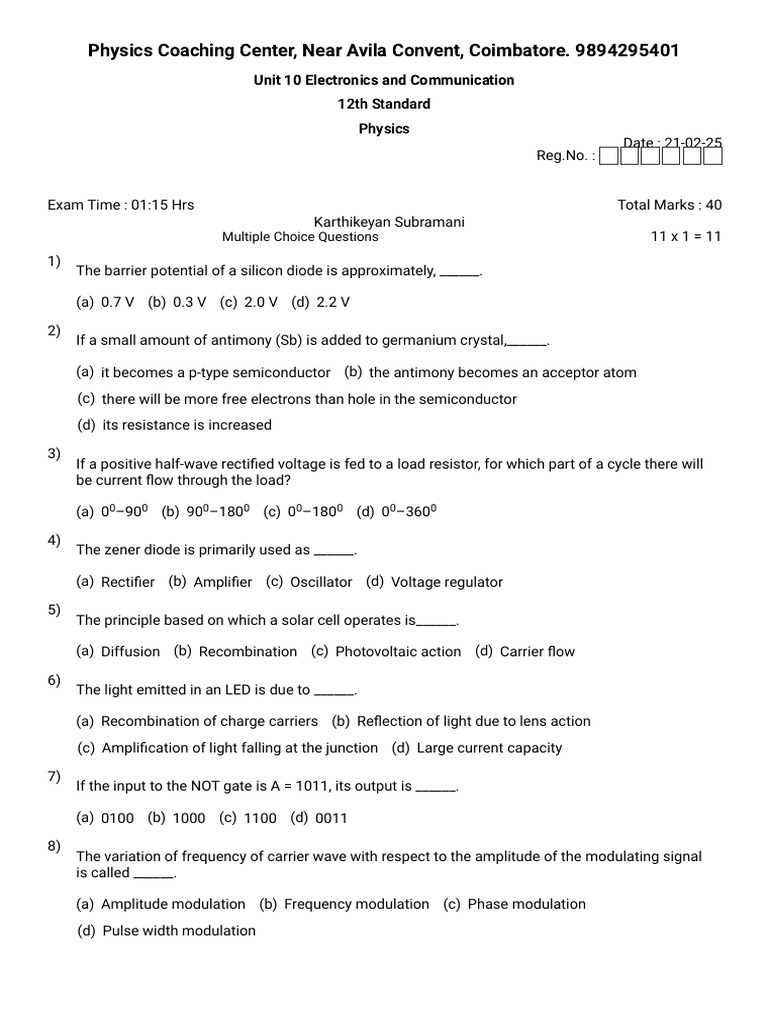 Class 12 Physics Unit 10 Test Paper | PDF | P–N Junction | Semiconductors