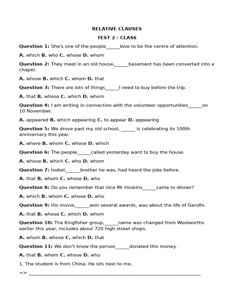 Relative Clauses Test for Students | PDF