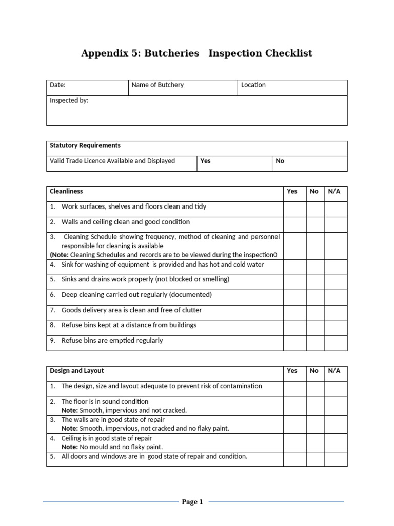 Butchery Inspection Checklist Guide | PDF | Pest Control | Calibration