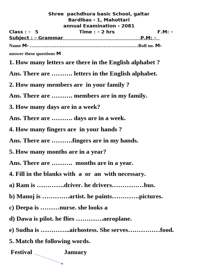 Class 5 Grammar Exam Paper 2081 | PDF