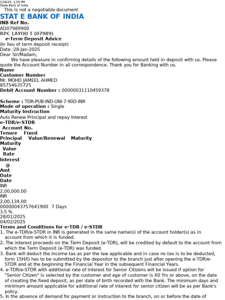 SBI e-TDR Confirmation and Terms | PDF