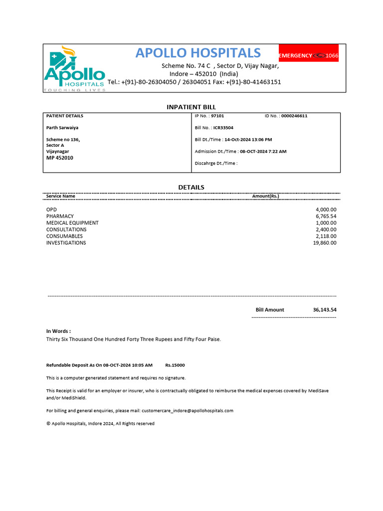 Apollo Hospital Inpatient Bill 2024 | PDF | Social Programs | Health Care