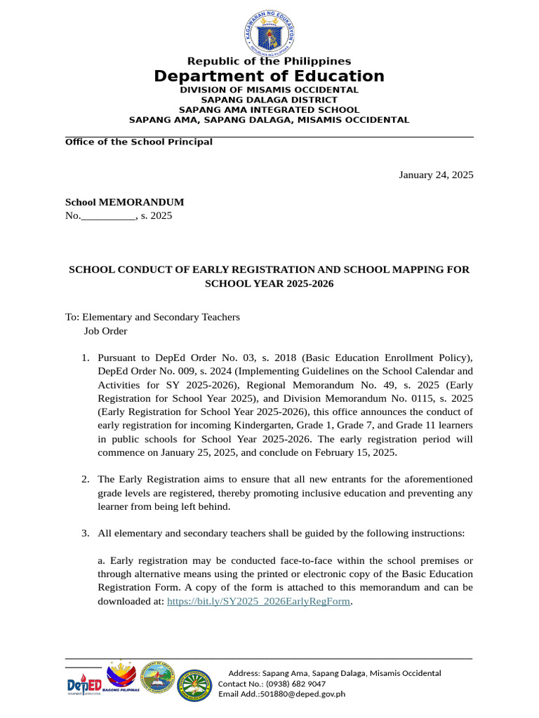Early Registration Memo for SY 2025-2026 | PDF | Schools
