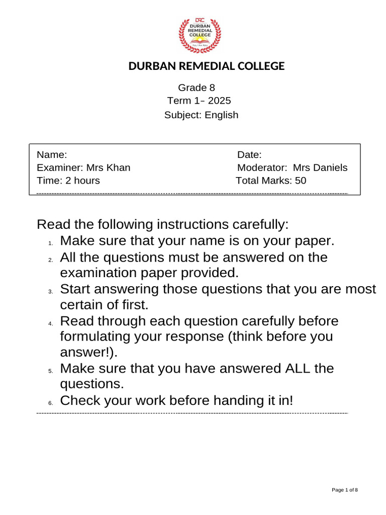 Grade 8 English Exam Paper 2025 | PDF | Adjective | Grammar