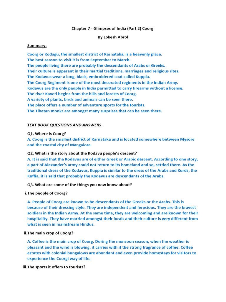 X-First Flight-Chapter 7-Glimpses of India (Part 2) Coorg - Notes-1 | PDF