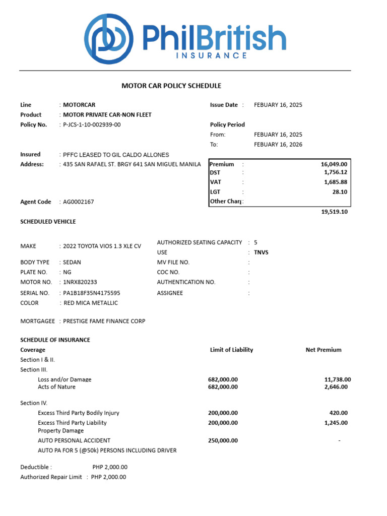 Motor Car Insurance Policy Schedule | PDF | Liability Insurance ...