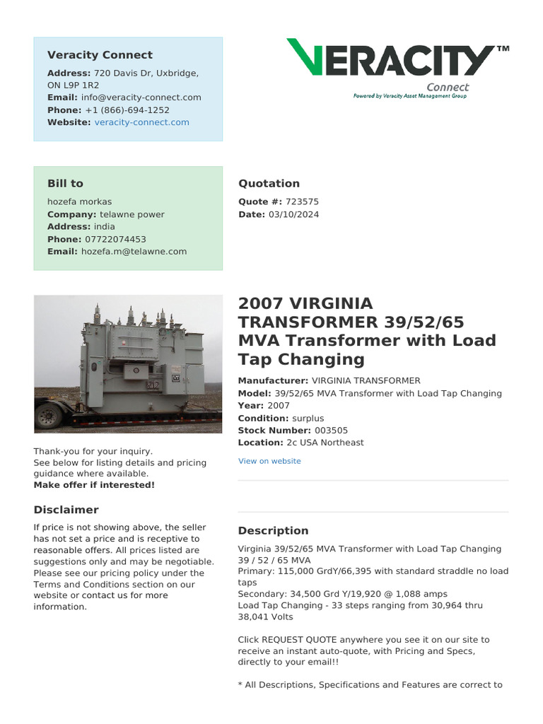 2007 Virginia Transformer Quote Details | PDF