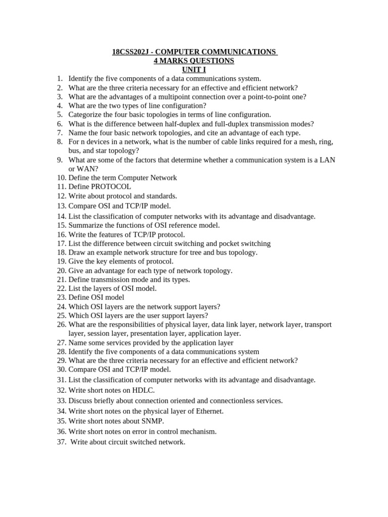 18CSS202J - Computer Communications - 4marks | PDF | Computer Network ...