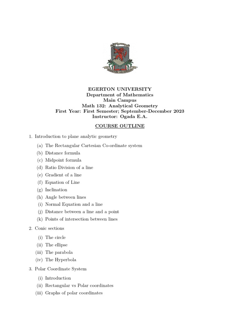 Math 132: Analytical Geometry Course Outline | PDF