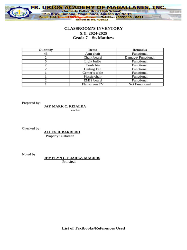 Grade 7 Classroom Inventory 2024-2025 | PDF