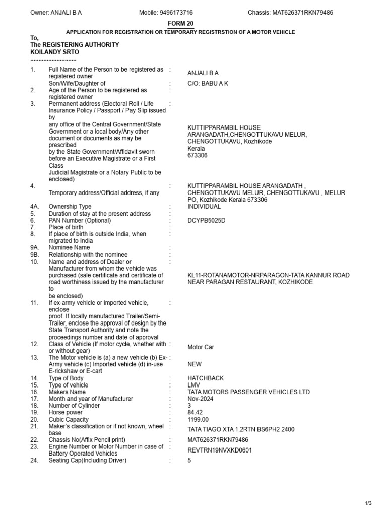 Vehicle Registration Application Form | PDF | Semi Trailer Truck | Axle