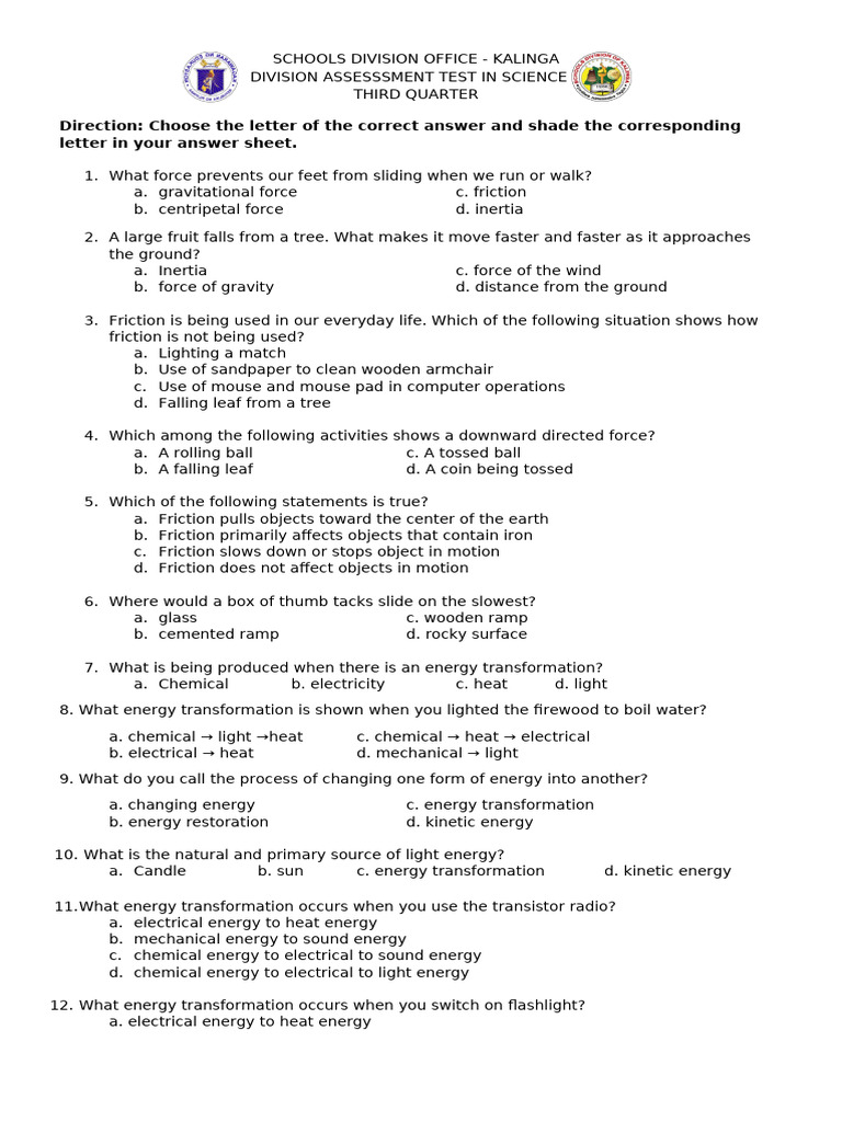 Science Test for 6th Grade, 3rd Quarter | PDF | Force | Friction