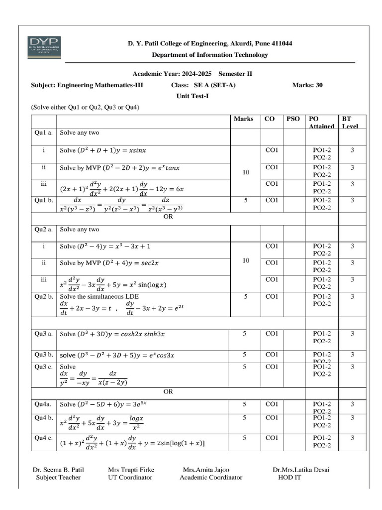 Div A Unit Test-1 SET-A | PDF