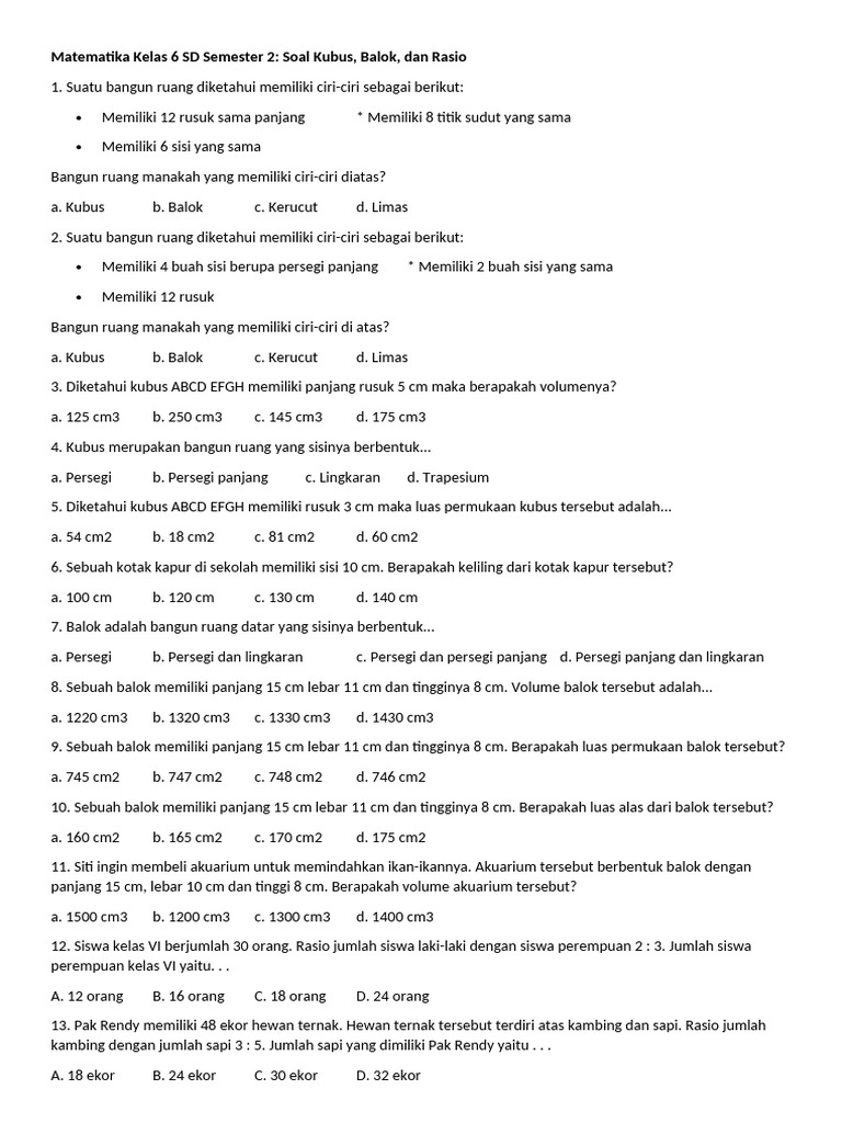 Soal Matematika Kelas 6: Kubus dan Rasio | PDF