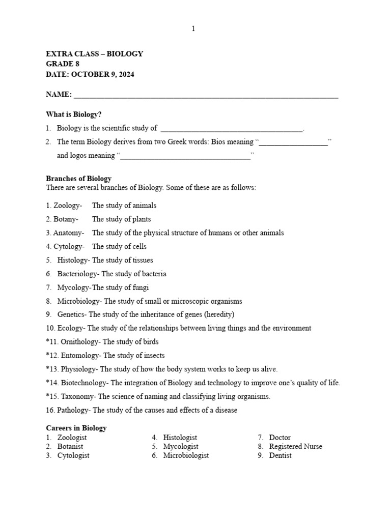 Bio GR 8 Lesson 1 - Student Script | PDF | Zoology | Pathology