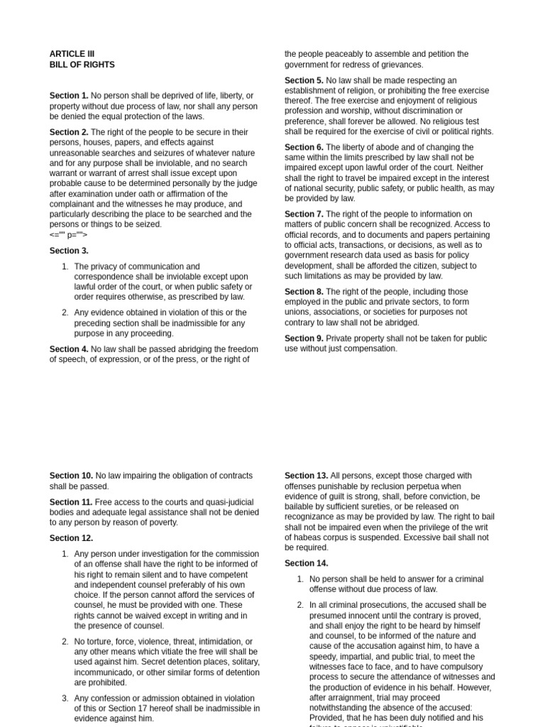 ARTICLE III -BILL OF RIGHTS | PDF | Search And Seizure | Torture