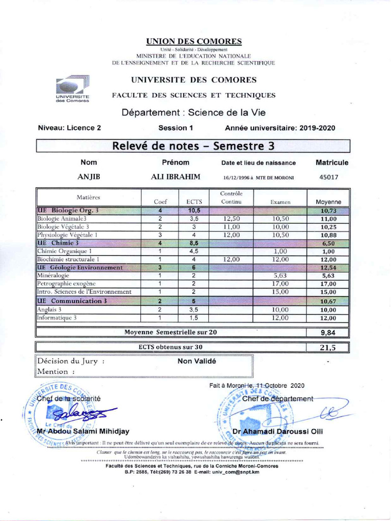 Relever de Notes L2, Semestre 3 | PDF