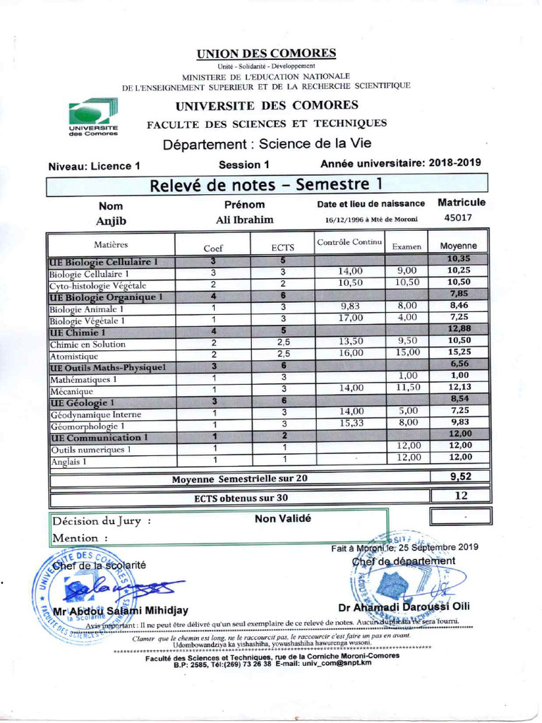 Relever de Notes L1, Semestre 1 | PDF