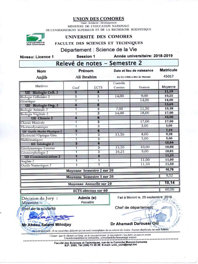 Relever de Notes L1, Semestre2 | PDF