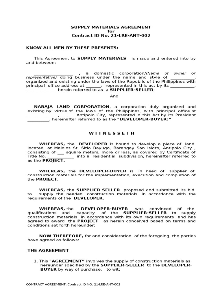Supply Materials Agreement Overview | PDF | Receipt | Civil Law (Legal ...