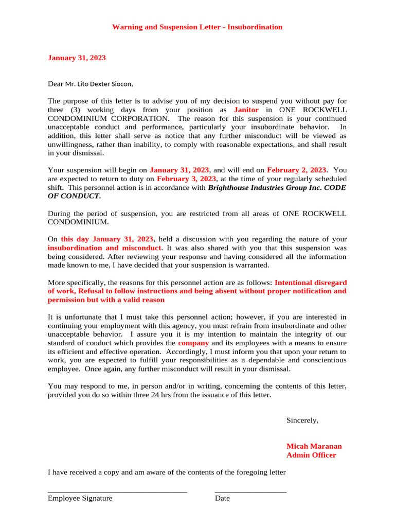 Insubordination Suspension Letter Template | PDF | Business | Justice