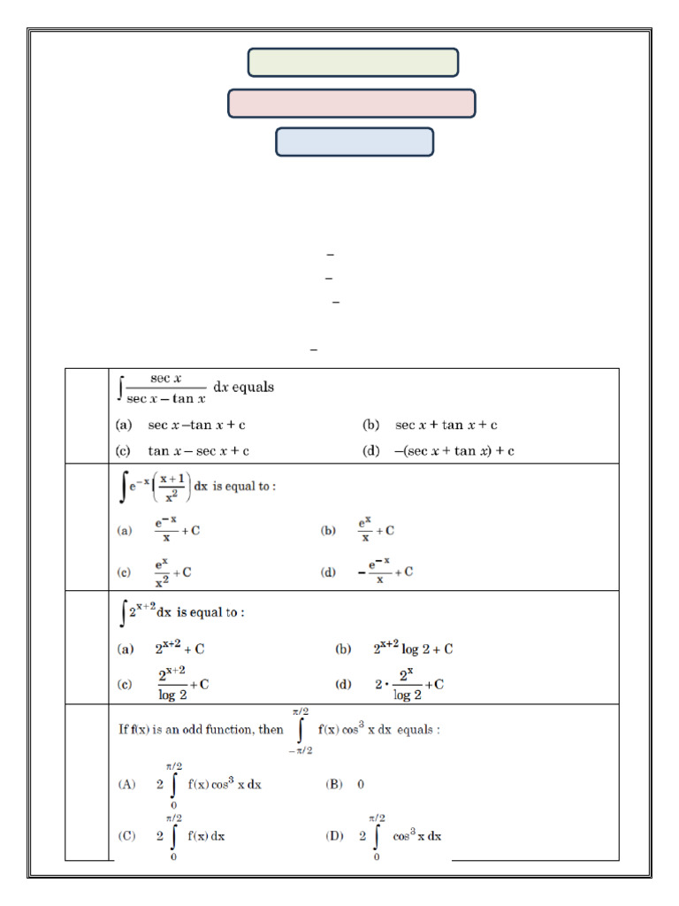 Class Xii Integrals Self-Assessment Test (2024-25) | PDF