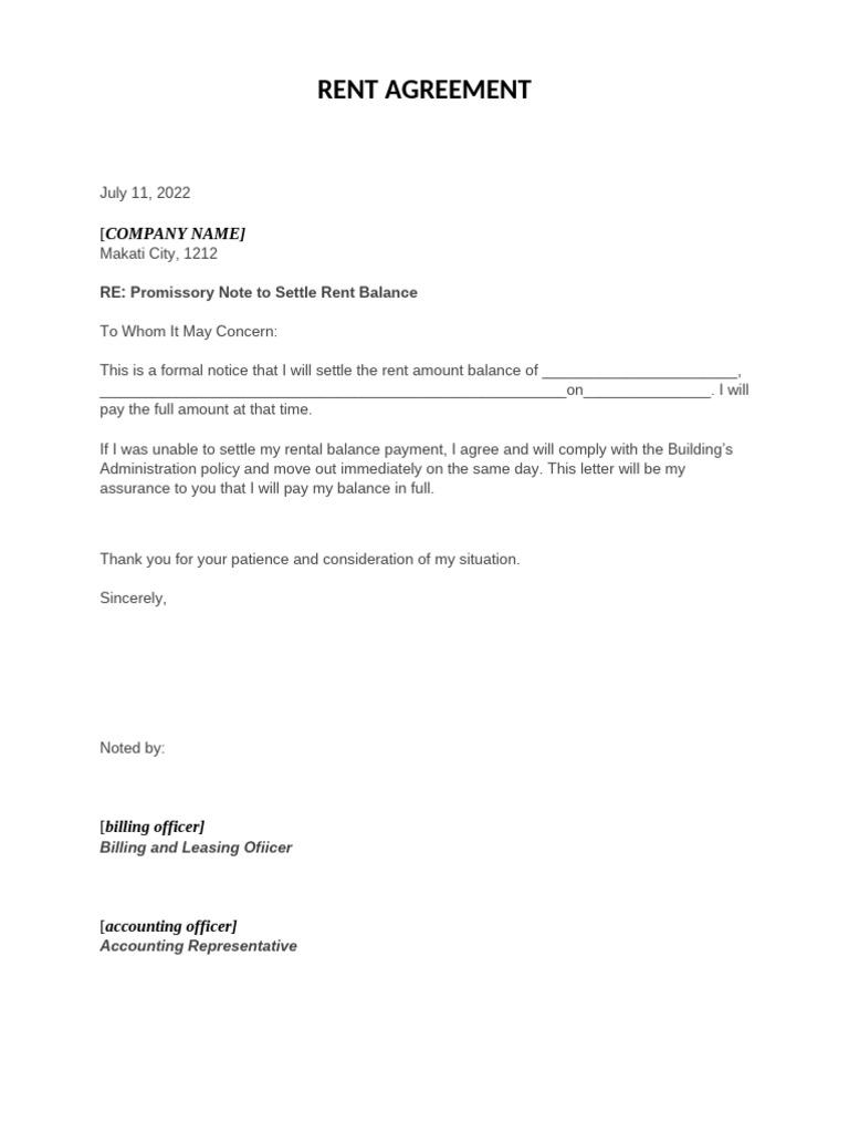 Promissory Note for Rent Balance Settlement | PDF