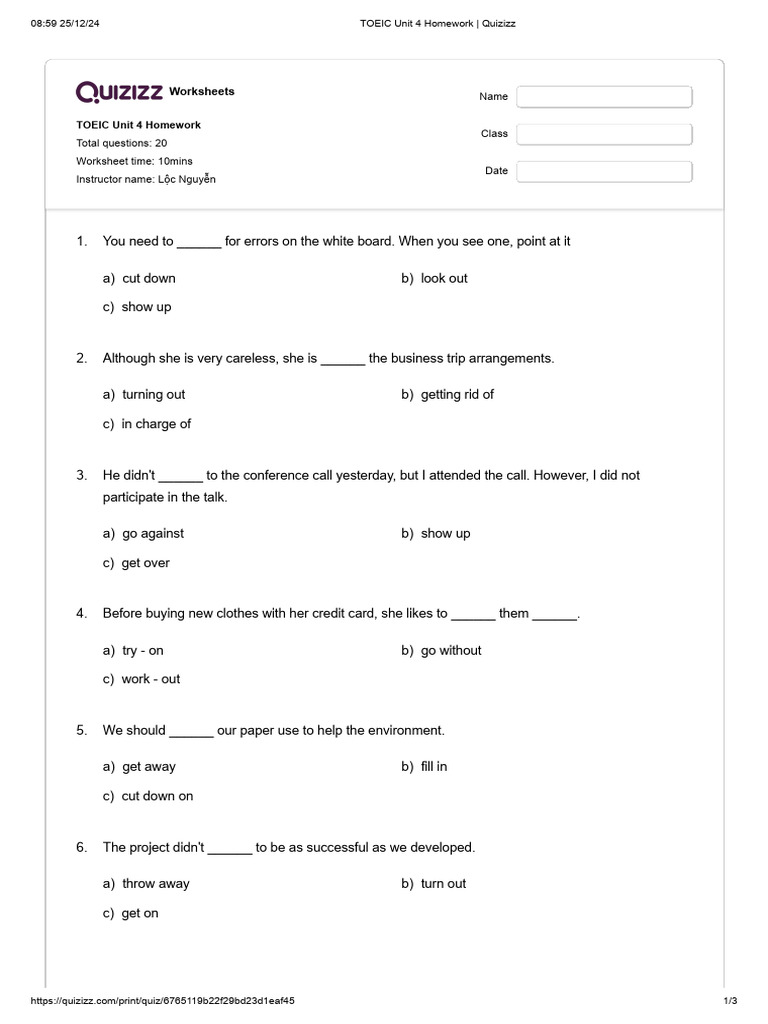 TOEIC Unit 4 Homework Worksheets | PDF