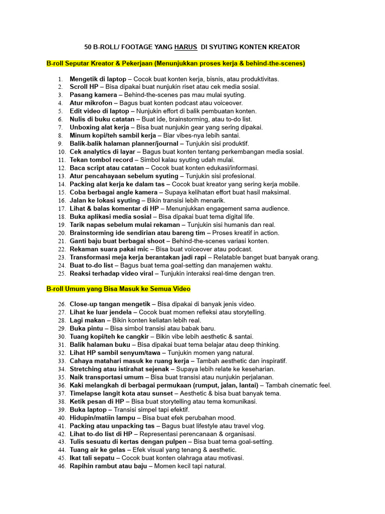 50 B-Roll Penting untuk Konten Kreator | PDF
