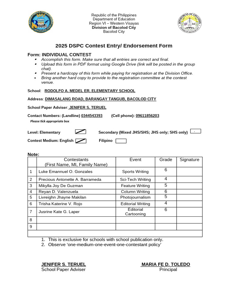 DSPC Contest Entry Form 2025 | PDF
