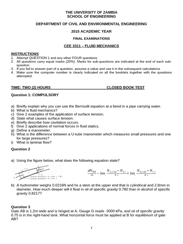 UNZA CEE 3311 Fluid Mechanics Exam Guide | PDF | Pressure Measurement ...