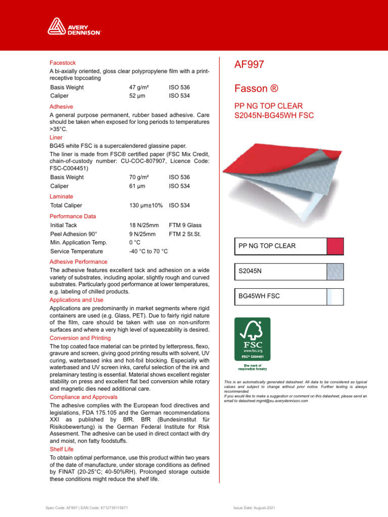 Af997 PP NG Top Clear S2045N-BG45WH FSC - en | PDF | Adhesive ...