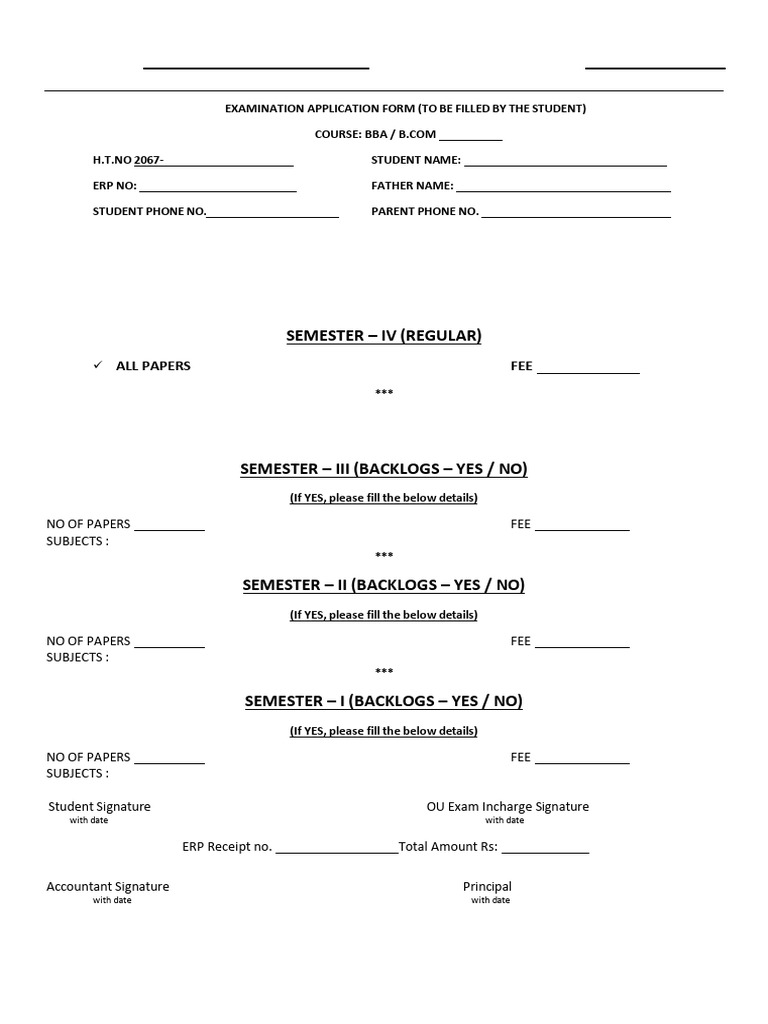 Backlog Exam Application Form | PDF
