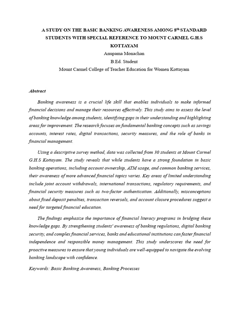 A Study On The Basic Banking Awareness Among 8 TH Grade Students With ...