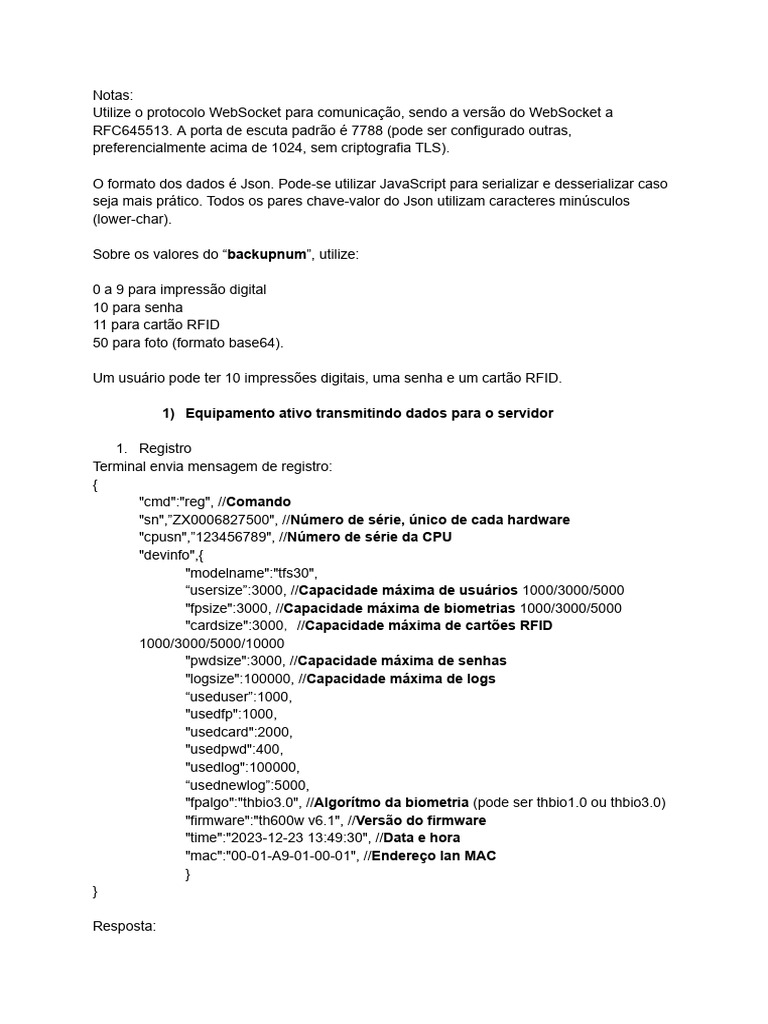 Protocolo WebSocket para Evo Facial 40 | PDF | Informática | Ciência da ...