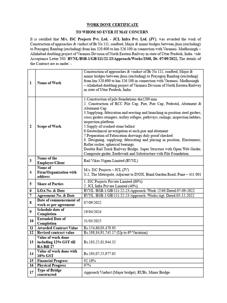 ISC-JCL Infra Project Completion Certificate | PDF | Civil Engineering ...