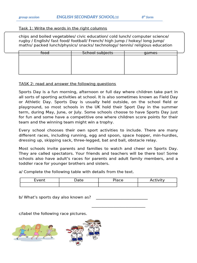 Sports Day Activities and School Subjects | PDF | English Language | Syntax