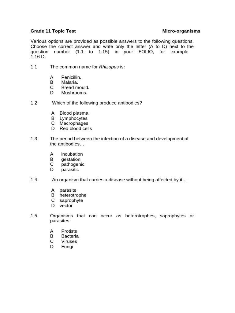 Micro Organisms Topic Test 2025 Edit Pdf Pathogen Immune System