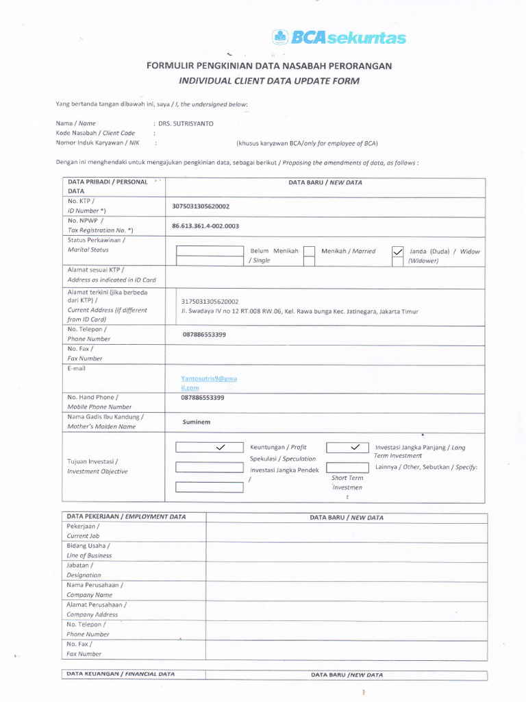 Formulir Pembaruan Data Nasabah BCA | PDF